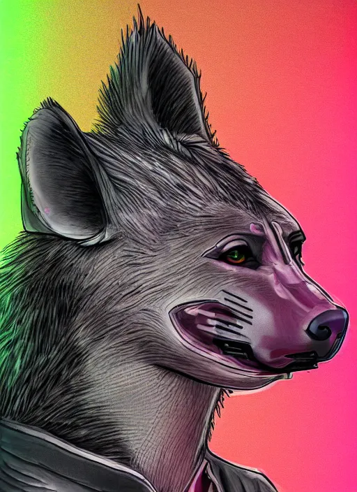 Image similar to cell shaded digital drawing of anthromorphic hyena female, fursona, furry fandom, neon rainy cyberpunk setting, anthro, wearing cyberpunk leather jacket, detailed face,