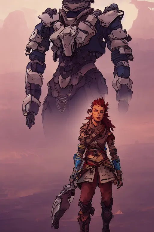 Image similar to combination suit armor aloy horizon forbidden west horizon zero dawn robot ninja mask helmet backpack tribal, art gta 5 comics, official fanart behance hd artstation by jesper ejsing, by rhads, makoto shinkai and lois van baarle, ilya kuvshinov, ossdraws radiating a glowing aura cgi rtx 2 0 2 2