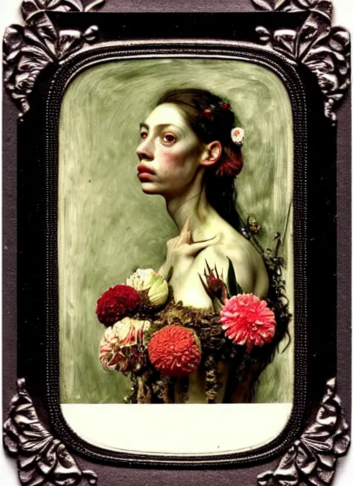 Image similar to beautiful and detailed rotten woman made of plants and many types of stylized flowers like carnation, chrysanthemum, roses and tulips, intricate, surreal, john constable, guy denning, gustave courbet, caravaggio, romero ressendi, vladimir volegov 1 9 1 0 polaroid photo