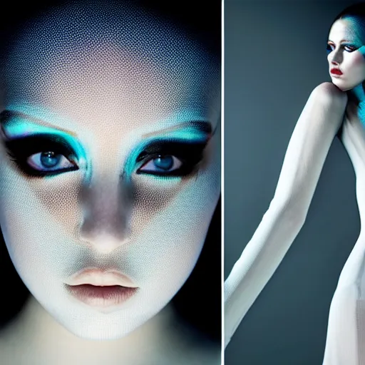 Image similar to high fashion photography of a model in neo futurism white sci - fi makup, transparent cloth, beautifully lit