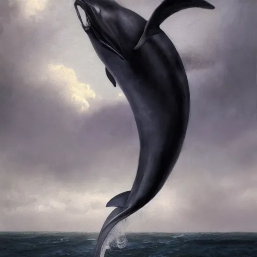 Prompt: a hyper realistic painting of the grim reaper riding a dolphin jumping over a rainbow, death, black cloak, by greg rutkowski and santiago caruso,