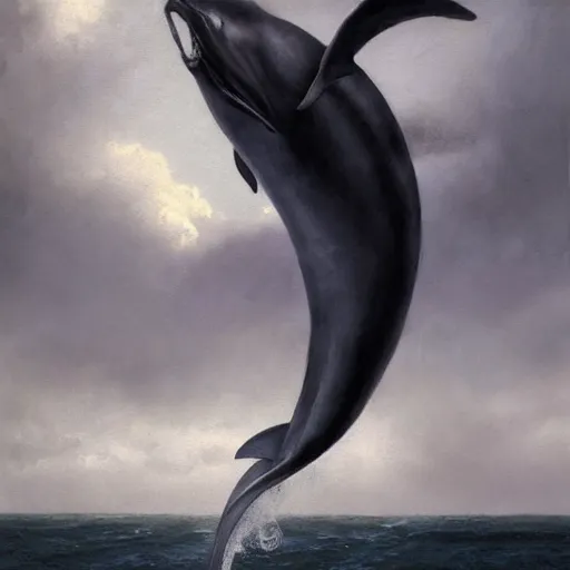 Image similar to a hyper realistic painting of the grim reaper riding a dolphin jumping over a rainbow, death, black cloak, by greg rutkowski and santiago caruso,