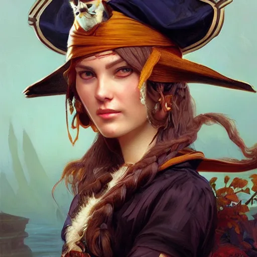 Image similar to Portrait of a Cat as a Pirate, photo, highly detailed oil painting, photorealistic, highly detailed, digital painting, artstation, concept art, smooth, sharp focus, illustration, art by artgerm and greg rutkowski and alphonse mucha