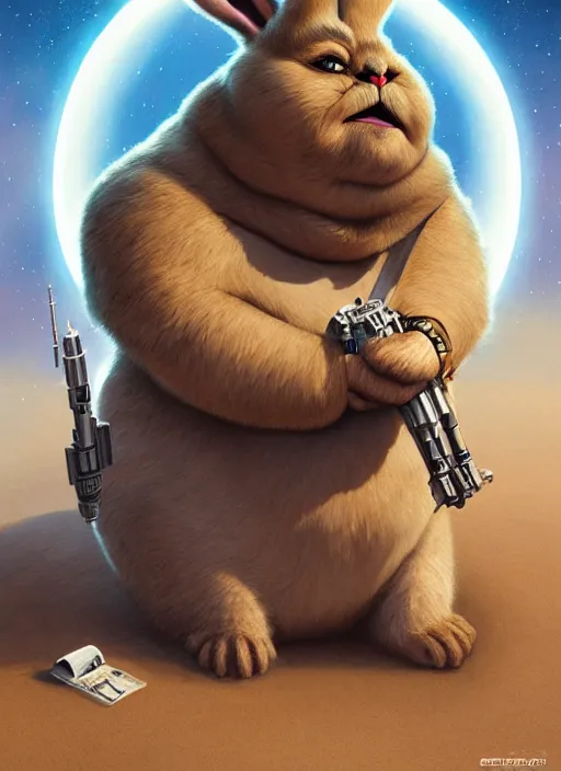 Image similar to hyper realistic, star wars, zoomed out portrait of a mega derpy john candy as big chungus, with bunny ears, stoned, by greg rutkowski, scott m fischer, artgerm, loish, slight glow, atmospheric, anne stokes, alexandros pyromallis