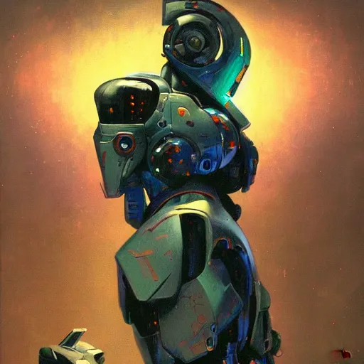 Image similar to a dark and colorful close - up side profile portrait of a sci - fi mecha robot with led lights glowing fog in the background. highly detailed science fiction painting by norman rockwell, frank frazetta, and syd mead. rich colors, high contrast, gloomy atmosphere, dark background. trending on artstation