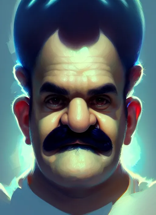 Image similar to realistic portrait of wario, intricate, elegant, glowing lights, highly detailed, digital painting, artstation, concept art, smooth, sharp focus, illustration, art by wlop, mars ravelo and greg rutkowski