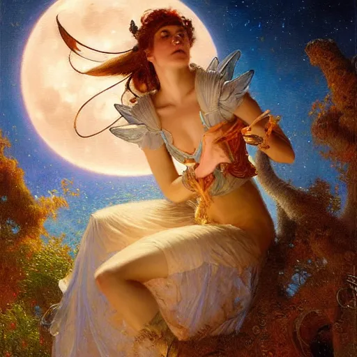 Image similar to attractive fairy magically floating high in the night, fantasy, full moon in background. highly detailed painting by gaston bussiere, craig mullins, j. c. leyendecker, mid shot, 8 k