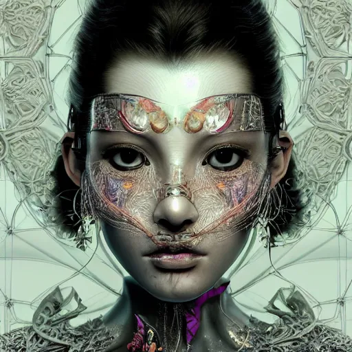 Prompt: the portrait of an absurdly beautiful, graceful, elegant, sophisticated, fashionable cyberpunk gravure idol, an ultrafine hyperdetailed illustration by kim jung gi, irakli nadar, takato yamamoto, intricate linework, bright colors, porcelain skin, unreal engine 5 highly rendered, fashion photography, fractal background, global illumination, radiant light, detailed and intricate environment