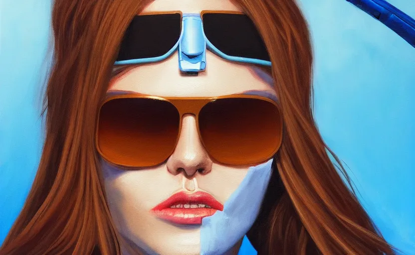 Image similar to closeup painting of donald trump cyberpunk woman smirking, wearing light blue shutter shades and a dark brown leather jacket, one side haircut, long brown hair with light blue ends, portrait, hyperdetailed, artstation, cgsociety, 8 k, synthwave by tangerine dream