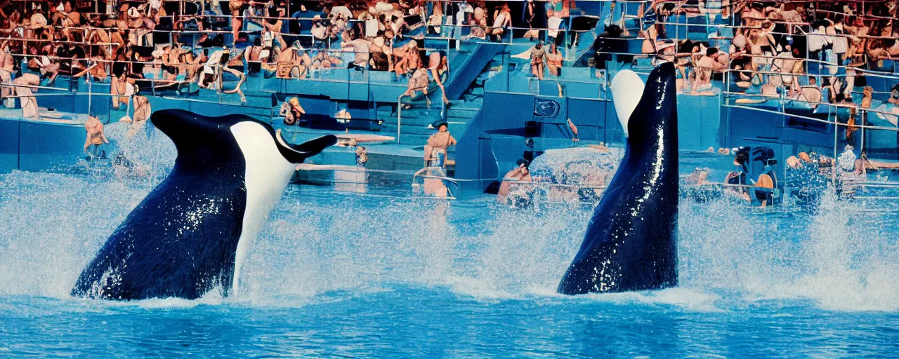 Image similar to shamu whale at sea world playing with spaghetti, water splashing,, small details, intricate, sharply focused, canon 5 0 mm, wes anderson film, kodachrome