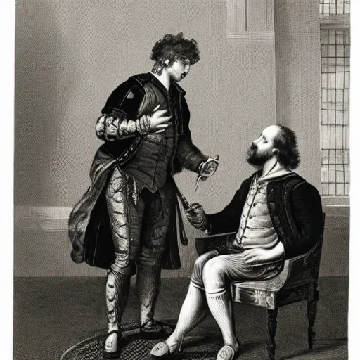 Image similar to ed sheeran talking with william shakespeare while on a chair, 1 8 th century