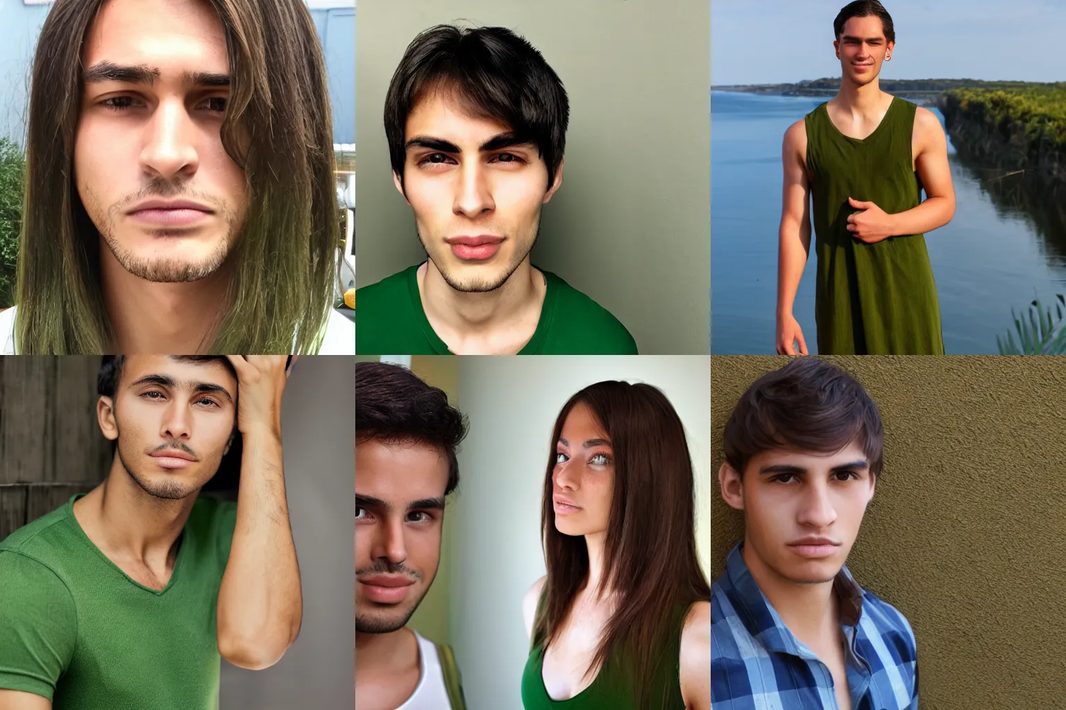 Prompt: photo of a young man with brown eyes, sharp jawline, long brown feminine hair, wearing a green sundress