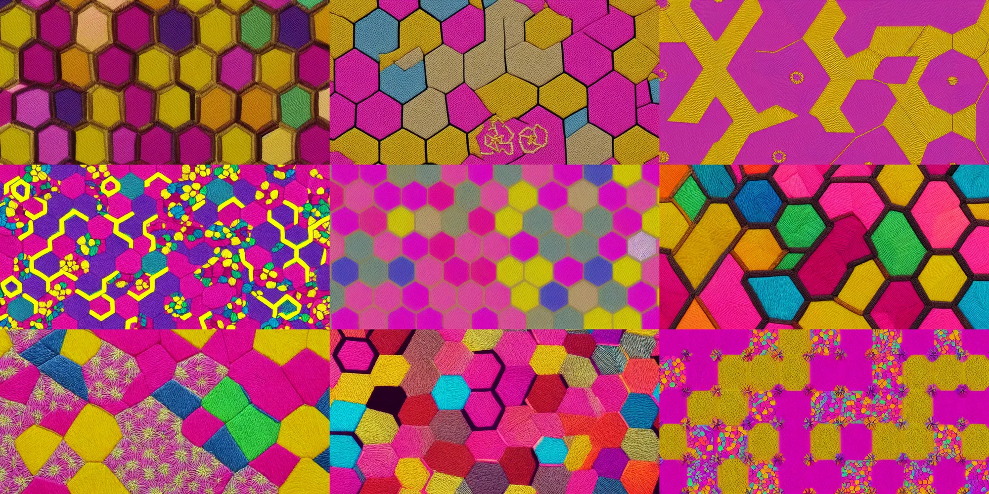 Prompt: hexagon pattern, pink and yellow, embroidery, highly detailed, high contrast, 8K