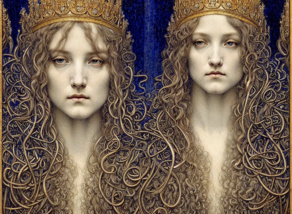 Image similar to detailed realistic beautiful young medieval queen face portrait by jean delville, gustave dore and marco mazzoni, art nouveau, symbolist, visionary, gothic, pre - raphaelite. horizontal symmetry