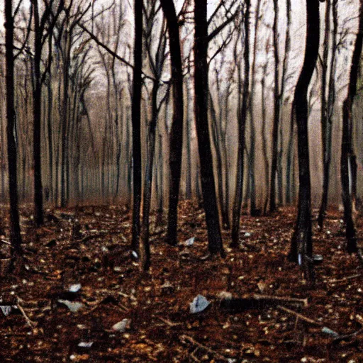 Prompt: 1 9 9 0 s faded vhs tape still, empty forest with dead trees, cloudy day, creepy