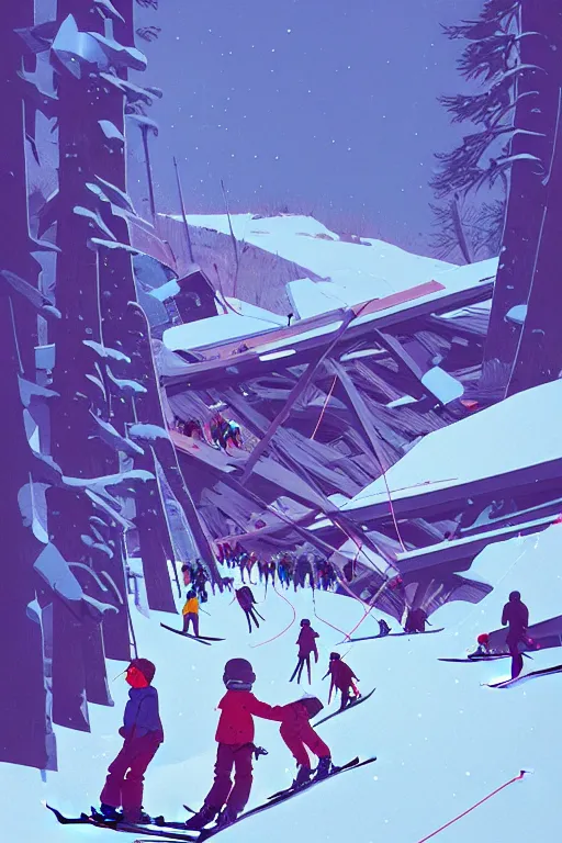 Image similar to by moebius and atey ghailan | the bottom of a ski slope with a huge pile of tangled up skiers |