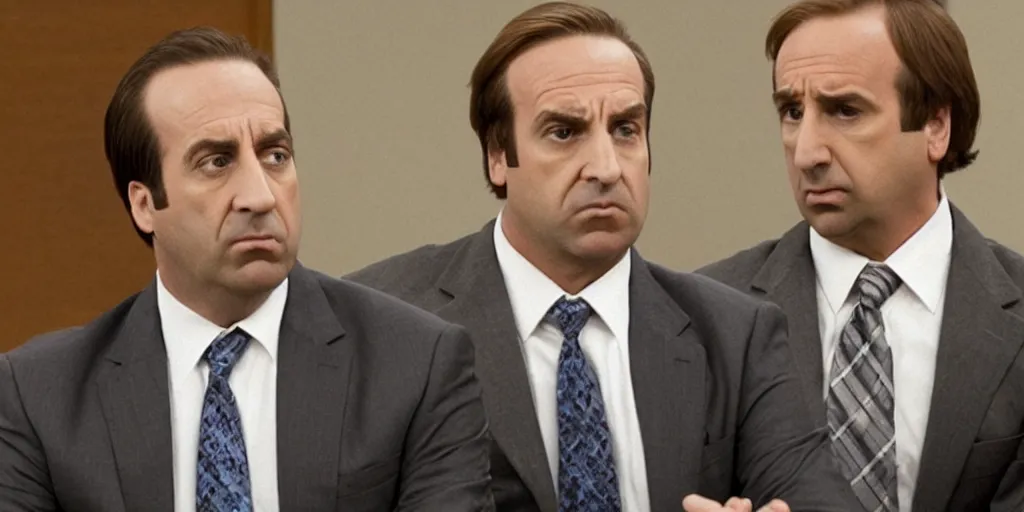 Image similar to saul goodman defending michael scott in a court