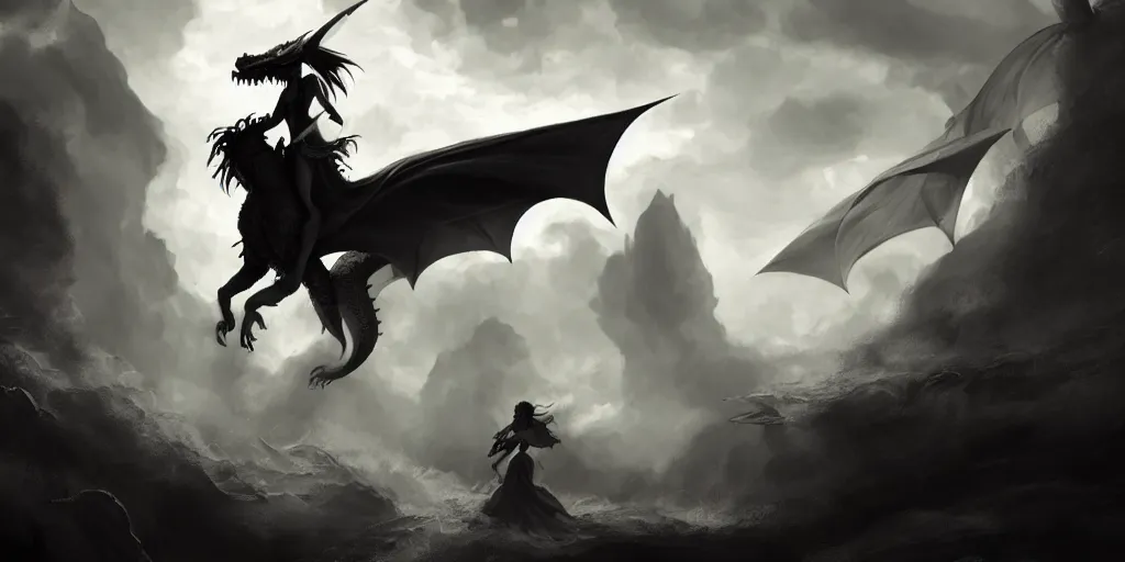 Prompt: silhouette of a black girl riding a dragon surrounded by fluttering white cloth, fantasy, epic scene, illustration, cinematic volume lighting, artstation, art by Sebastian Luca