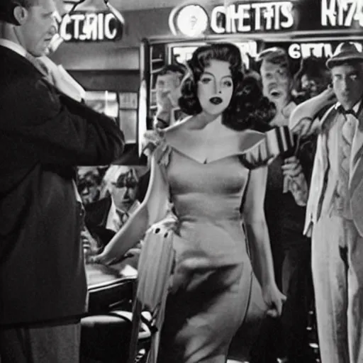 Prompt: a movie still of film noir jazz bar, crowds of people, she arrived in a red dress, cinematography john alton, burnet guffey, john seitz.