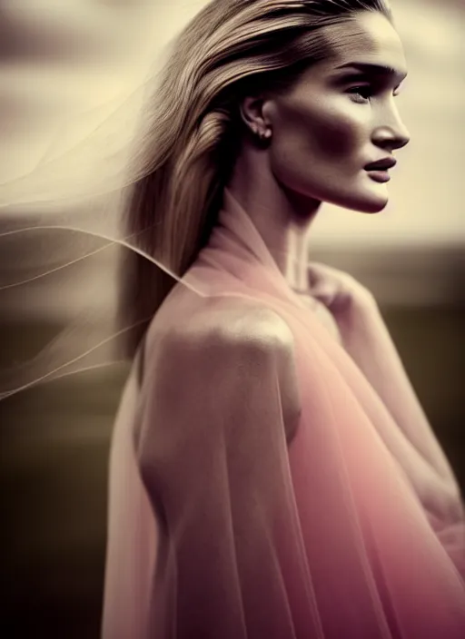 Image similar to portrait photography of a beautiful woman, in fine art photography style of Giovanni Gastel , rosie huntington whitely style 3/4 , natural color skin pointed in rose, hair stormy clouds, full body dressed with a ethereal transparent voile dress, elegrant, 8K, soft focus, melanchonic soft light, volumetric dramatic lighting, highly detailed Realistic, hyper Refined, Highly Detailed, natural point rose', outdoor soft lighting, soft dramatic lighting colors scheme, soft blur lighting, fine art fashion photography