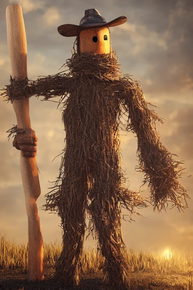 Prompt: beautiful octane render portrait of a big wooden scarecrow, floating particles, sparks, made of wood holding a very shiny metallic aluminium rustic axe, bokeh, soft focus, f 1. 8, unreal engine, particles, raytracing