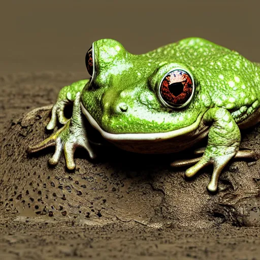 Prompt: a warty green toad sitting in some mud, 4 k, octane render, 3 d art