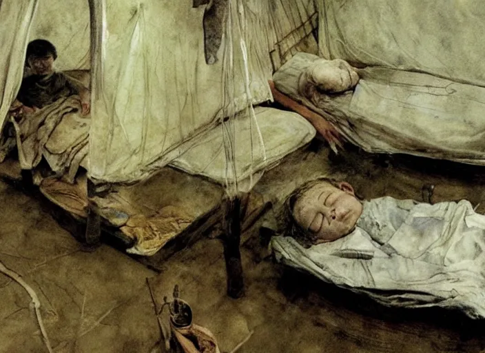 Prompt: poor child sleeping in a dirty makeshift hospital, painting by andrew wyeth and alan lee, very detailed, somber mood, realistic sad faces