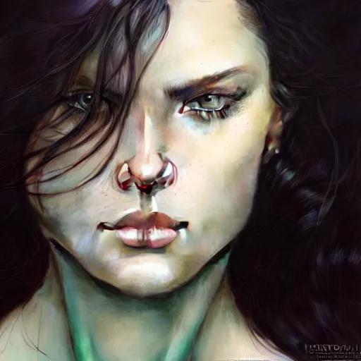 Image similar to face portrait of a very beautiful girl, fair skin, green eyes, black long hair, realistic face, no lipstick, ultra realistic, concept art, intricate details, eerie, highly detailed, photorealistic, octane render, 8 k, unreal engine. art by artgerm and greg rutkowski and charlie bowater and magali villeneuve and alphonse mucha