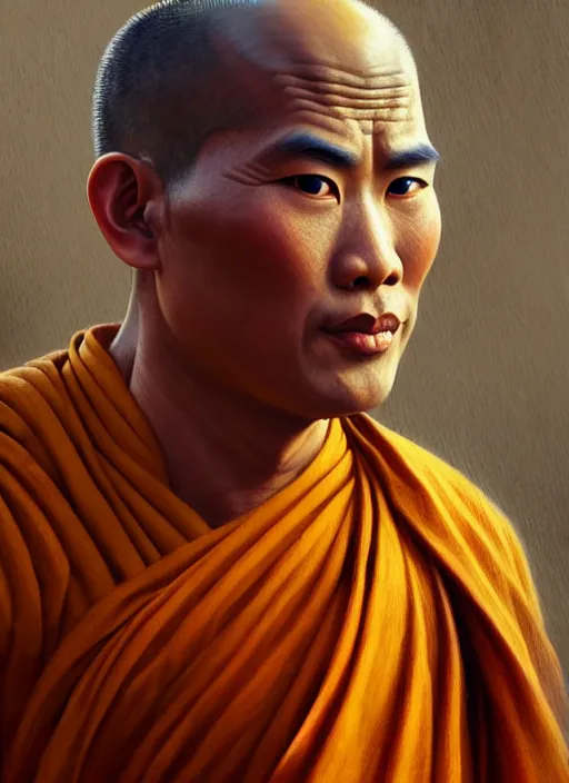 Image similar to smart tai buddhist monk, sukothai, closeup portrait, without beard and mustache, historical hero, ethnic group, tai costume, intricate, elegant, loin cloth, highly detailed, oil painting, artstation, concept art, matte, sharp focus, illustration, hearthstone, art by earl norem