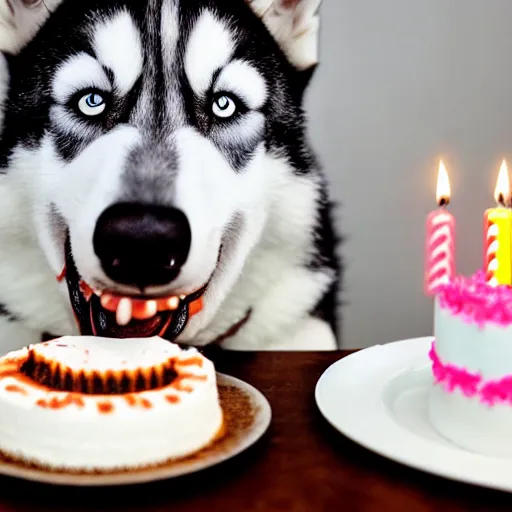 Prompt: a high - quality photo of a husky eating a birthday cake