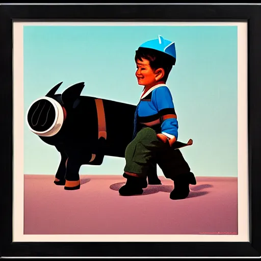 Image similar to retro futuristic boy wearing crown riding on the back of a pig by syd mead, high contrast, sharp, 8k