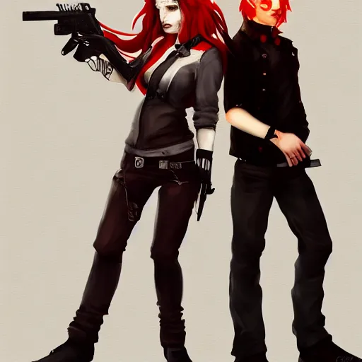 Image similar to a concept art of a boy and a girl with red hair holding a gun, gothic clothes, action shot, highly detailed, digital painting, artstation, concept art, smooth, sharp focus, illustration