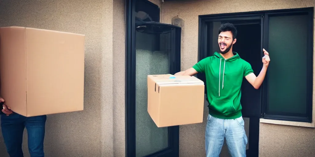 Image similar to delivery-man bring a dark green hoodie, man standing near the house, welcoming the postman receiving package and cry of happiness