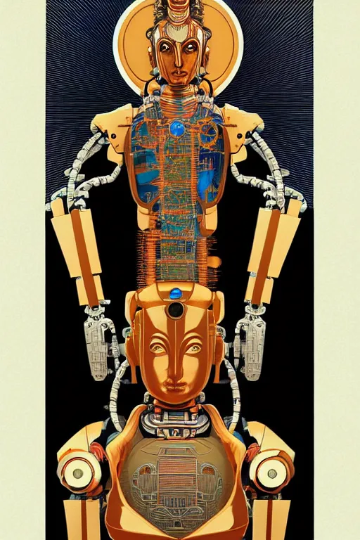 Image similar to a study of cell shaded illustration of a cyborg robot Avalokiteshvara , golden ratio, character concept art by character concept art by Shepard Fairey, james jean, Mike Mignola, Laurie Greasley, highly detailed, sharp focus, sharp linework, clean strokes, motherboard, Artstation, deviantart, artgem