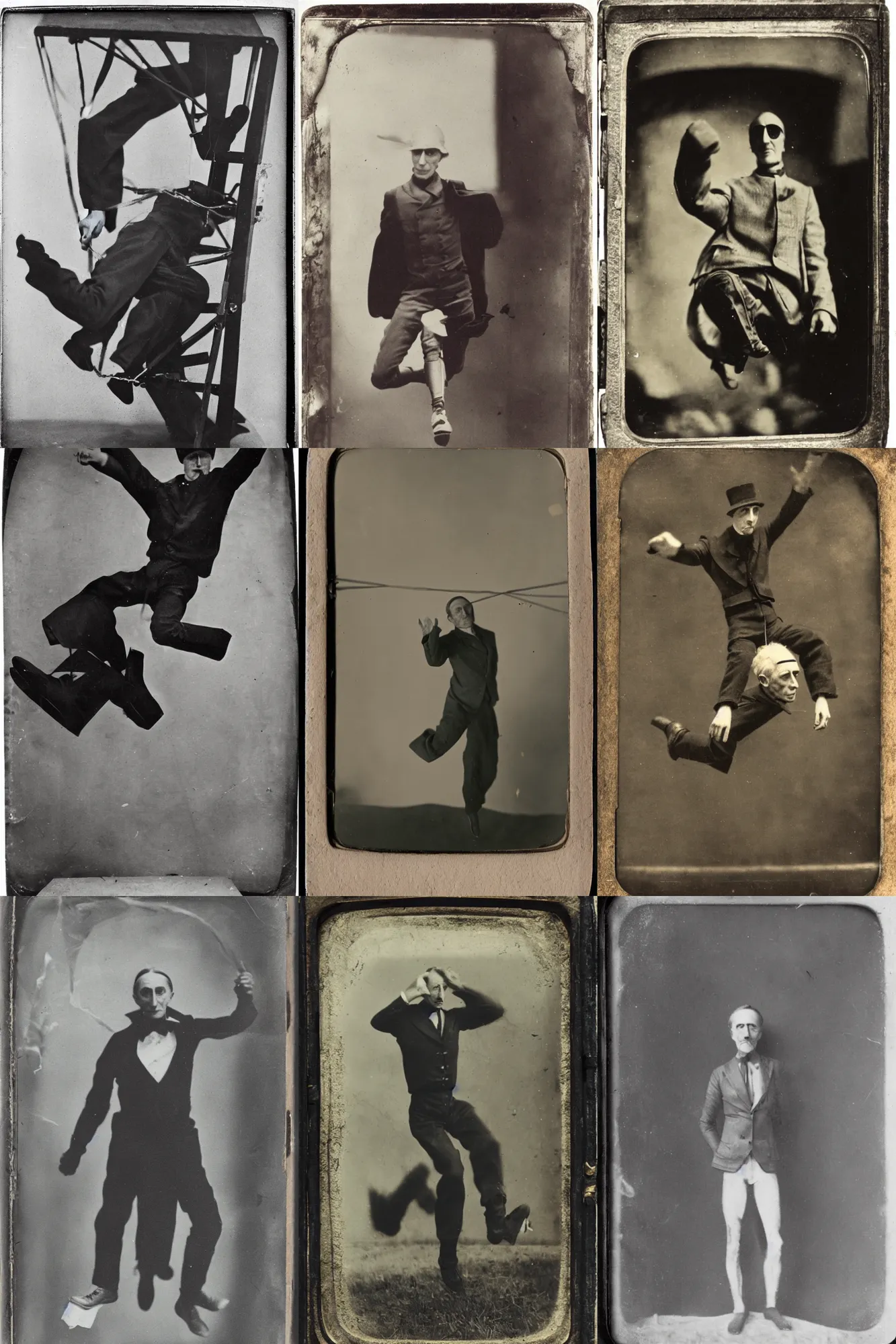 Prompt: an old tintype Marcel Duchamp trying base jumping