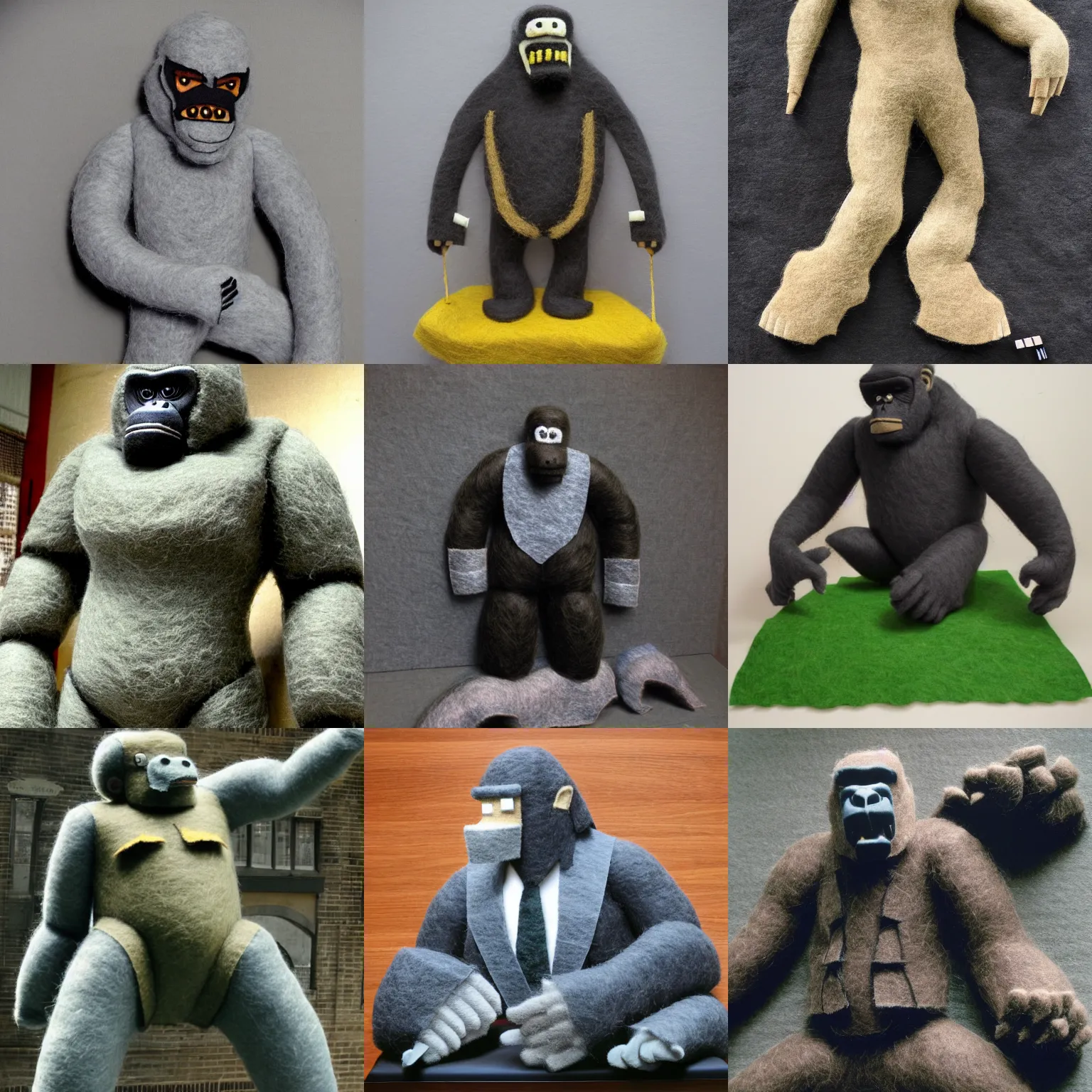 Prompt: King Kong made out of felt, highly detailed production still