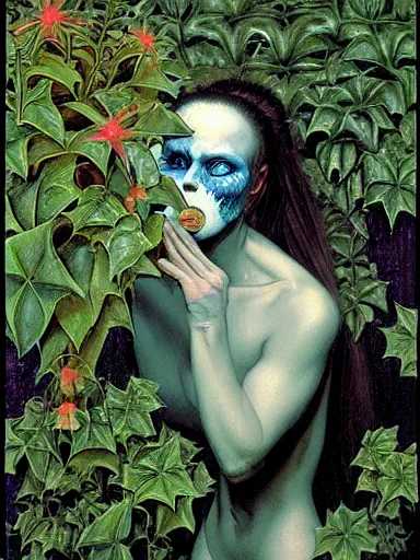 Prompt: The Hanging-Gardens of Pareidolia, lobelia, ivy, verbena and pothos growing facial features and optical-illusions, aesthetic!!!!!!!!!!, by Gerald Brom in the style of Chris Tulloch McCabe,