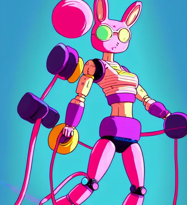 Image similar to retrowave robot rabbit girl in workout clothes, carrying eletro - whip, animation character design by akira toriyama, don bluth, jack kirby, alex toth, hasbro, action - adventure, sharp detail, artstation trending, conceptart. com