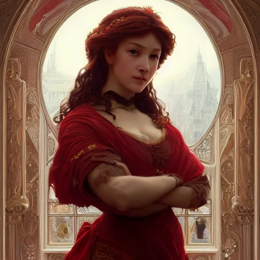 Image similar to portrait of a red bear queen, intricate, elegant, highly detailed, digital painting, artstation, concept art, smooth, sharp focus, illustration, art by artgerm and greg rutkowski and alphonse mucha and william - adolphe bouguereau