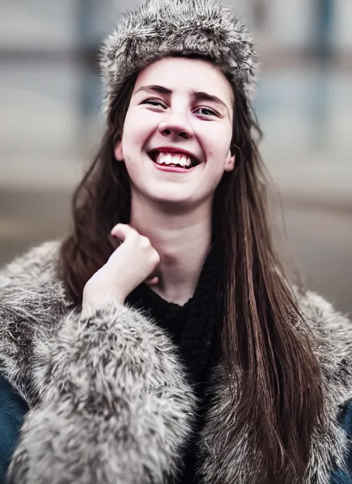 Image similar to Mid-shot portrait of a beautiful 20-year-old woman from Iceland, wide smile, happy, candid street portrait in the style of Martin Schoeller award winning, Sony a7R