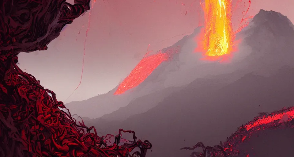 Image similar to a volcano made of ivory vines and crimson rocks enters in eruption, it spits a smoke in the shape of demonic eye, by Ian McQue