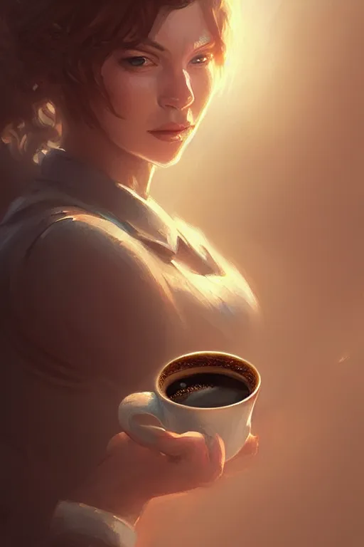 Prompt: highly detailed portrait of a coffee in the morning, ornate, digital painting, artstation, concept art, smooth, clear focus, greg rutkowski, artgerm, global lighting, detailed and fantasy