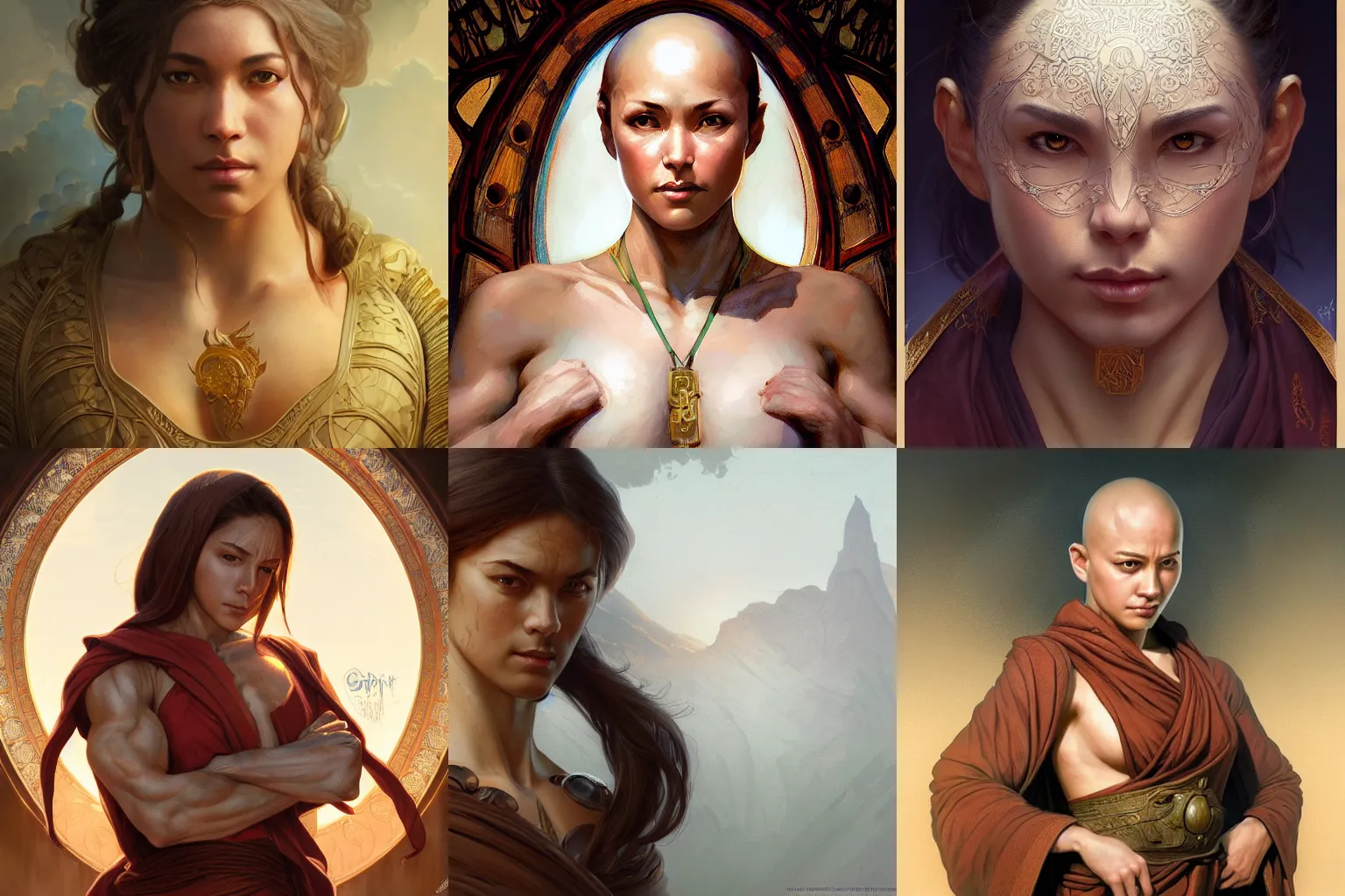 Prompt: portrait of a female monk, muscular, upper body, D&D, fantasy, intricate, cinematic lighting, highly detailed, digital painting, artstation, concept art, smooth, sharp focus, illustration, art by Artgerm and Greg Rutkowski and Alphonse Mucha