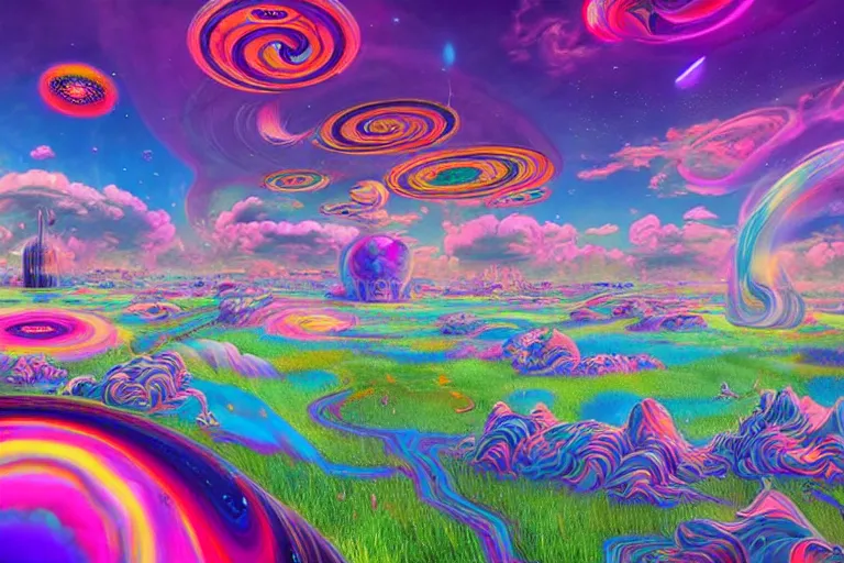 Prompt: a psychedelic realm with rolling plains made out of clouds, and giant portals scattered throughout that lead into the multiverse, in the style of wlop and lisa frank, illustration, epic, fantasy, hyper detailed, smooth, unreal engine, sharp focus, ray tracing