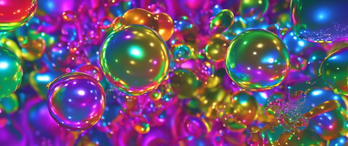 Prompt: surreal chrome rainbow bubbly liquid, 3 d octane render, reflective, raytracing, dynamic lighting, focus