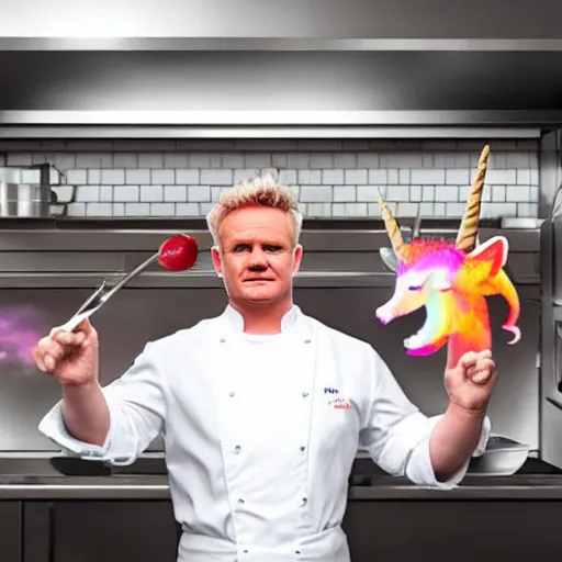 Prompt: hyper real Gordon Ramsey cooking a unicorn in kitchen 4k
