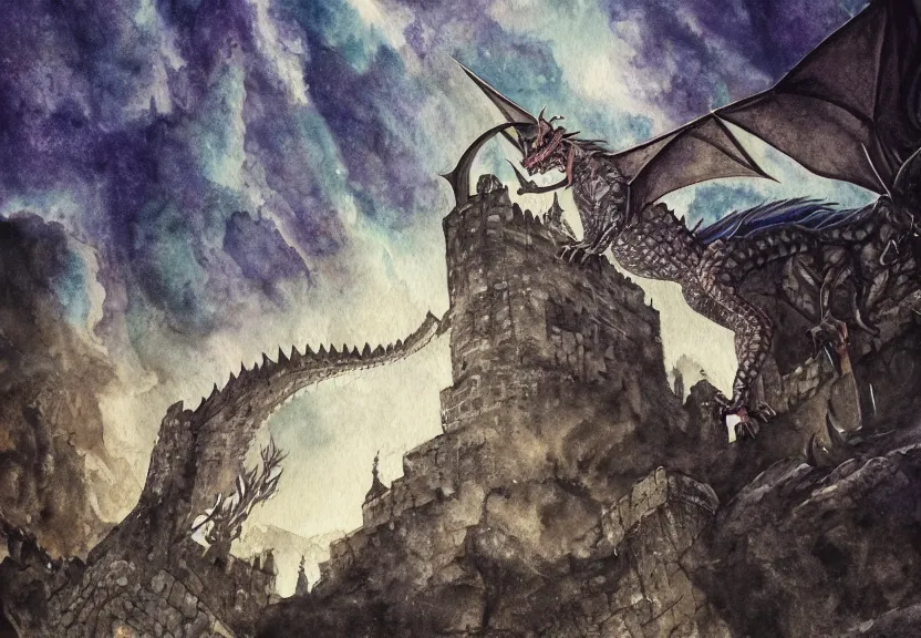 Image similar to possum dragon at a medieval castle under a dark starred sky, dark fantasy, watercolor, dreaming illusion, highly detailed, 4k, trending on Artstation, award-winning