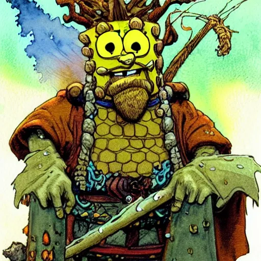 Image similar to a realistic and atmospheric watercolour fantasy character concept art portrait of spongebob as a druidic warrior wizard looking at the camera with an intelligent gaze by rebecca guay, michael kaluta, charles vess and jean moebius giraud