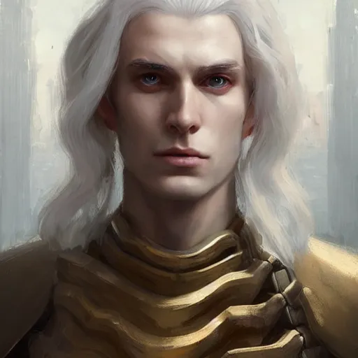 Image similar to character design, portrait of a attractive male with pale skin, long white hair and proeminent cheekbones, medieval, dark armor, painting by wlop, nixeu and greg rutkowski, beautiful, semirealism, artstation, octane render, sharpness, 8 k, golden ratio