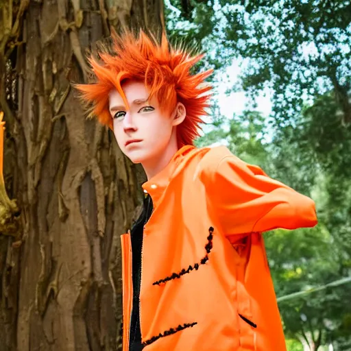 Image similar to orange - haired anime boy, 1 7 - year - old anime boy with wild spiky hair, wearing red jacket, standing under treehouse in city plaza, urban plaza, treehouse hotel, large tree, ultra - realistic, sharp details, subsurface scattering, blue sunshine, intricate details, hd anime, 2 0 1 9 anime